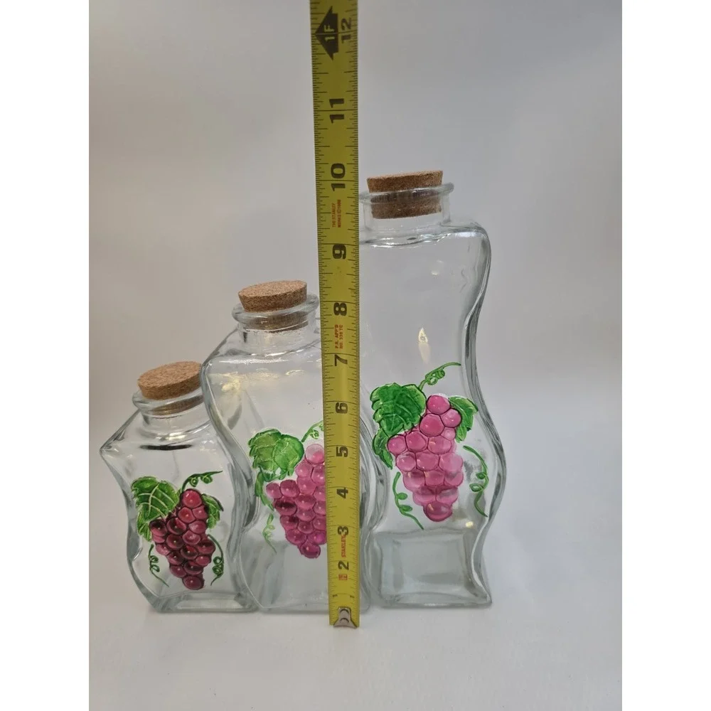 VTG Set 3 Clear‎ Glass Grape Painted Canisters Cork Lids Kitchen Farmhouse Decor